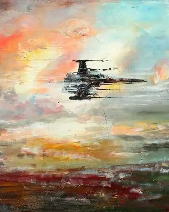Star Wars oil painting on canvas: X-wing above a red horizon, by Naci Caba